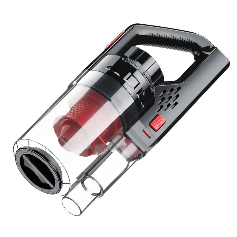 Black and red car-mounted strong suction vacuum cleaner with 6000mbar power, portable design