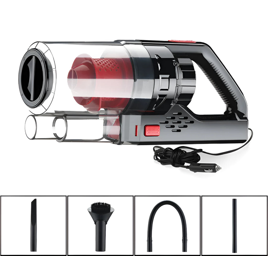Black and red car-mounted strong suction vacuum cleaner with 6000mbar power, portable design