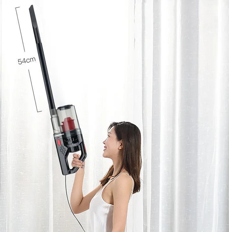 Black and red car-mounted strong suction vacuum cleaner with 6000mbar power, portable design
