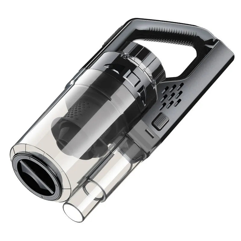 Black and red car-mounted strong suction vacuum cleaner with 6000mbar power, portable design