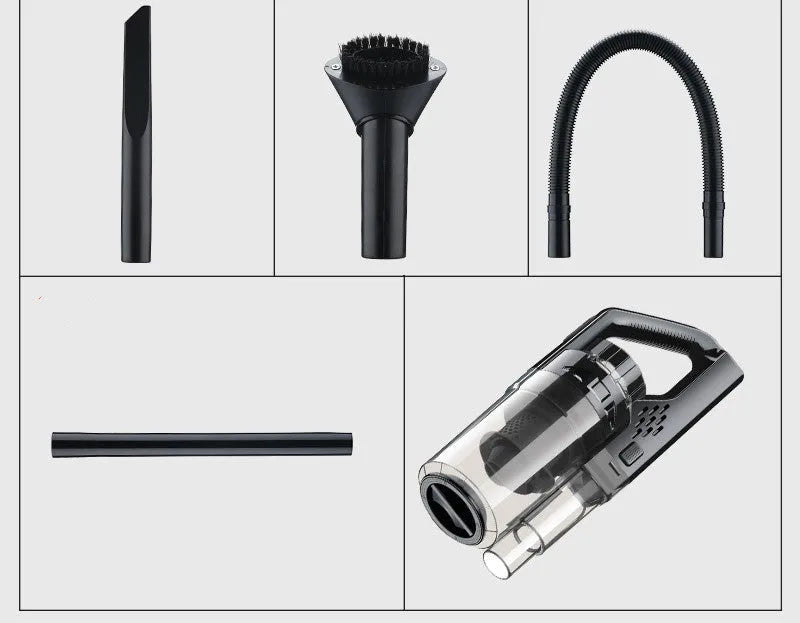 Black and red car-mounted strong suction vacuum cleaner with 6000mbar power, portable design