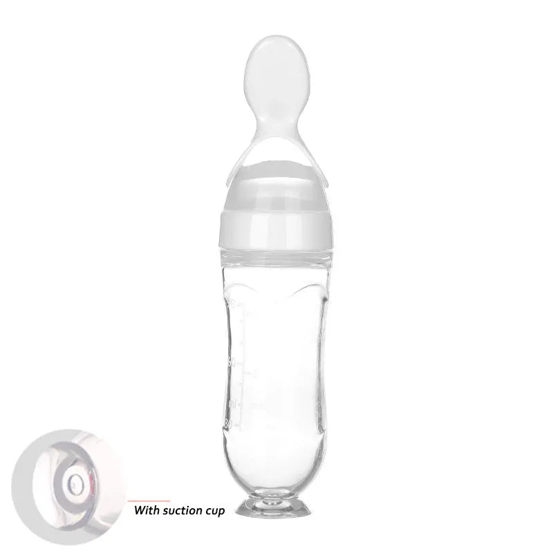 90ml silicone baby feeding bottle with squeeze spoon in white, pink, yellow, green or blue
