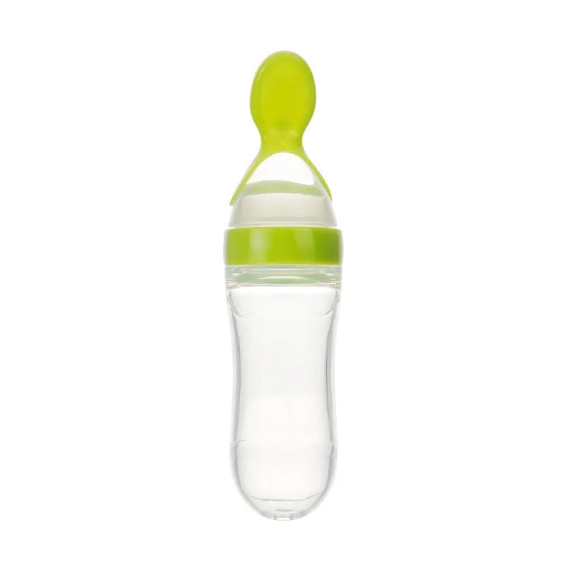 90ml silicone baby feeding bottle with squeeze spoon in white, pink, yellow, green or blue