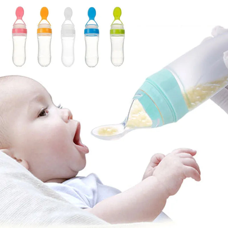 90ml silicone baby feeding bottle with squeeze spoon in white, pink, yellow, green or blue