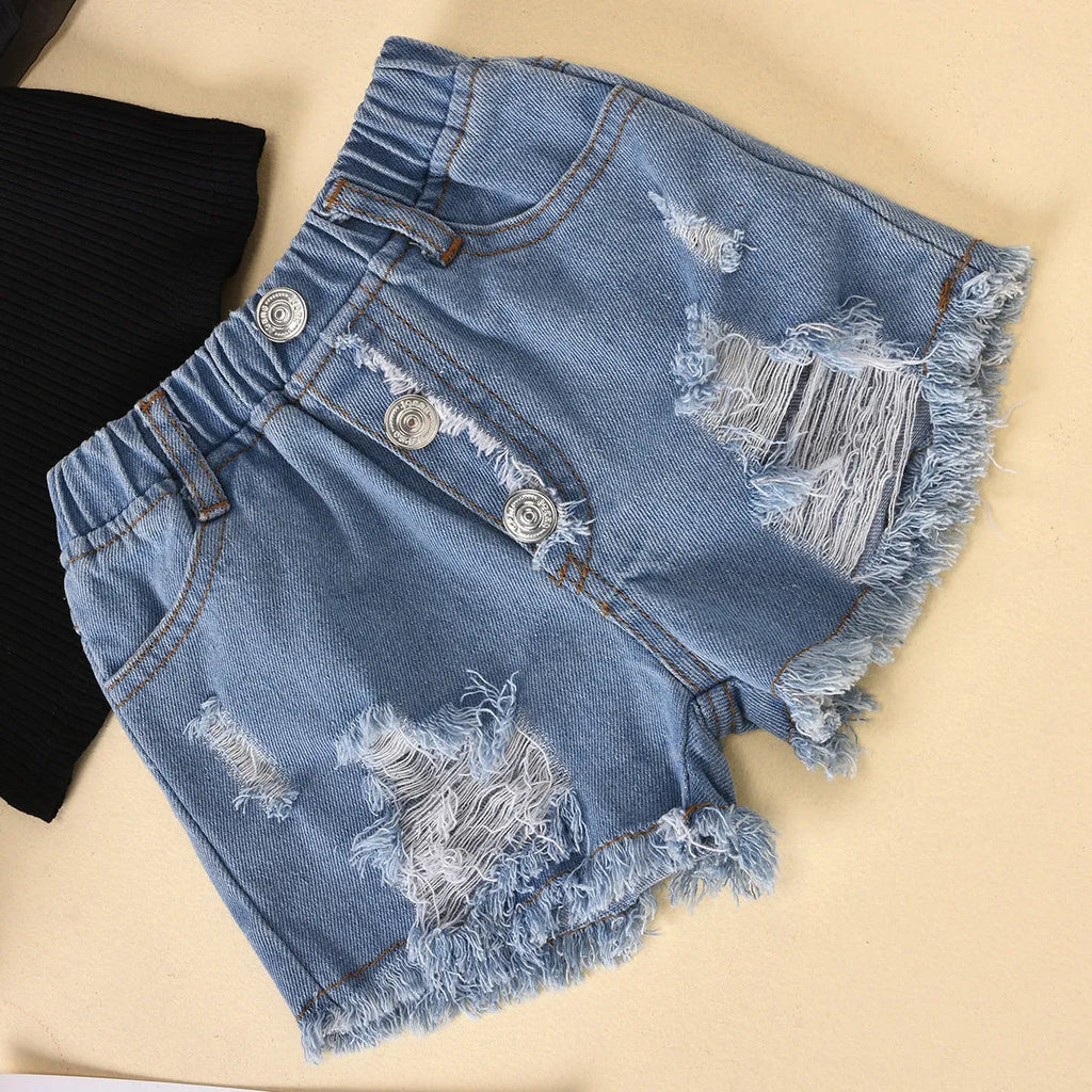 Children's black cotton dot mesh sleeves striped top and ripped denim shorts suit for kids aged 3-8 years