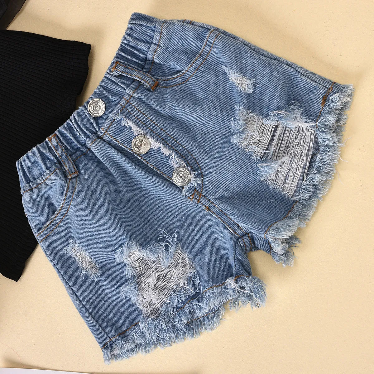 Children's black cotton dot mesh sleeves striped top and ripped denim shorts suit for kids aged 3-8 years