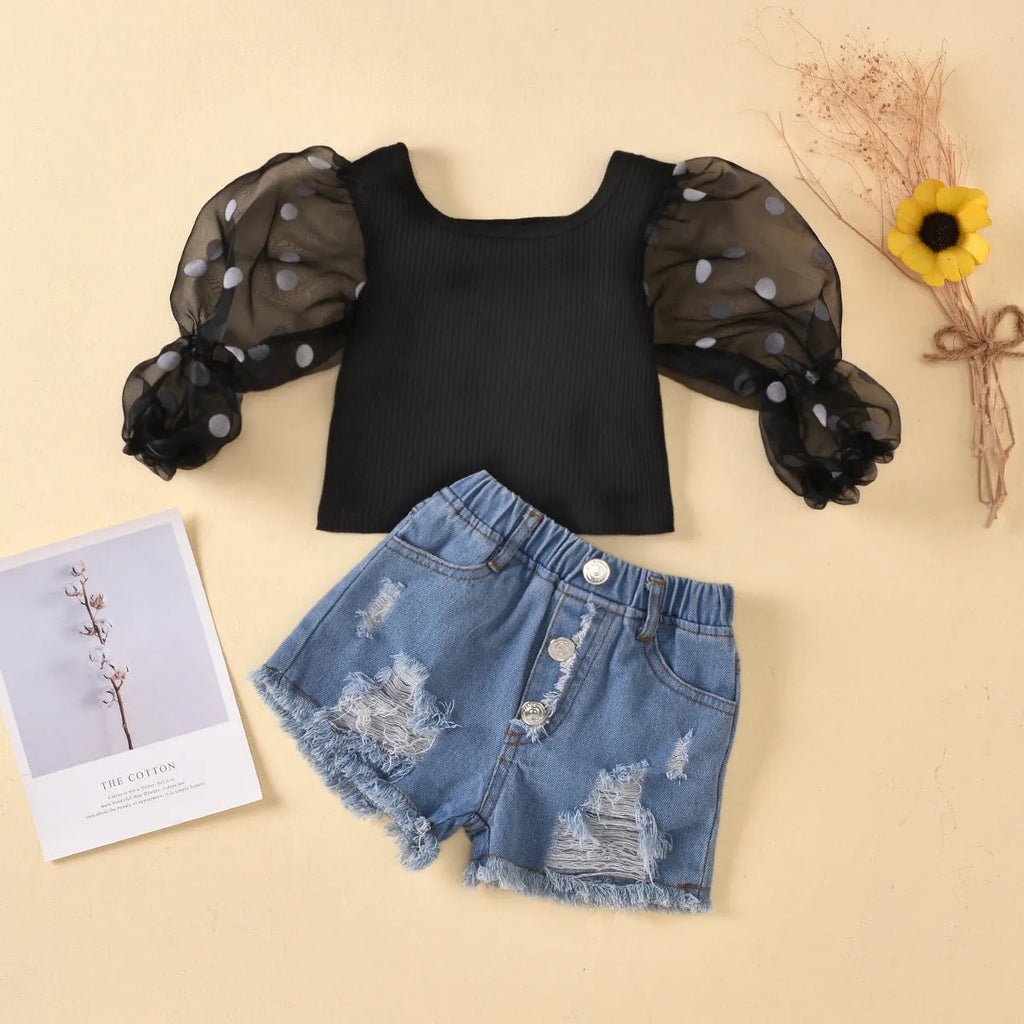 Children's black cotton dot mesh sleeves striped top and ripped denim shorts suit for kids aged 3-8 years