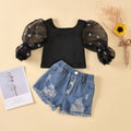 Children's black cotton dot mesh sleeves striped top and ripped denim shorts suit for kids aged 3-8 years