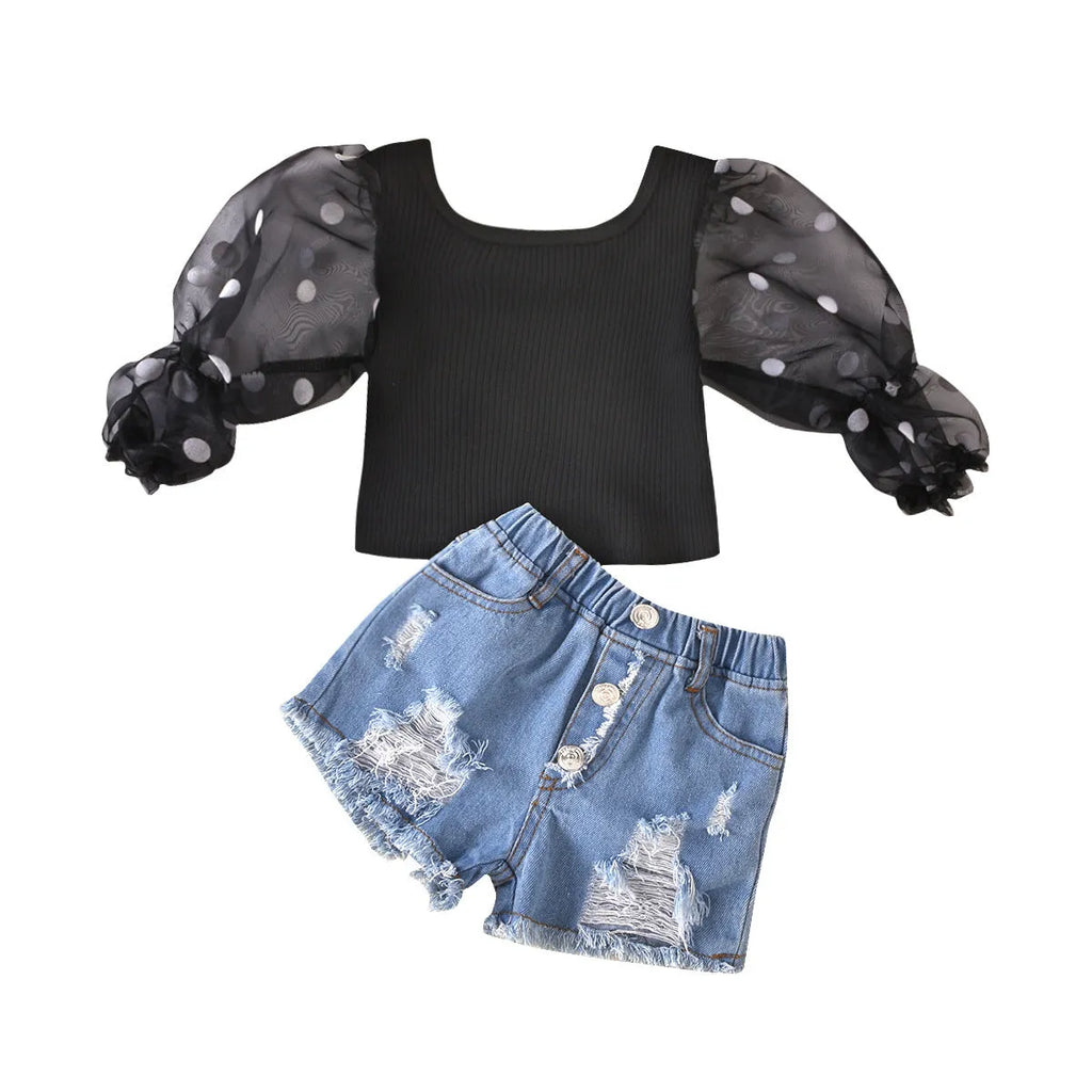 Children's black cotton dot mesh sleeves striped top and ripped denim shorts suit for kids aged 3-8 years