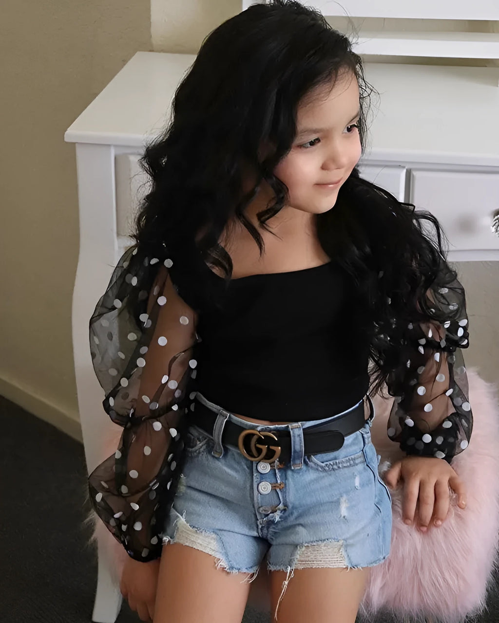 Children's black cotton dot mesh sleeves striped top and ripped denim shorts suit for kids aged 3-8 years