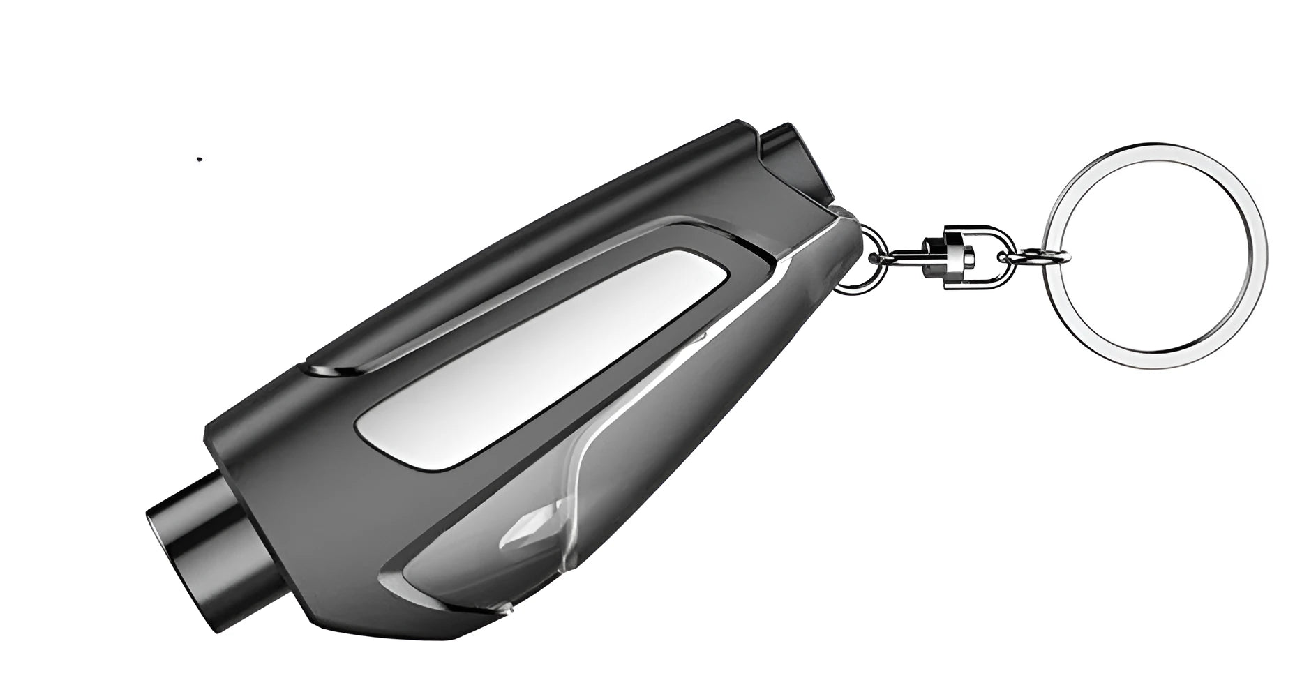 Multifunctional window breaker in black with tungsten steel tip and seat belt cutter on keychain