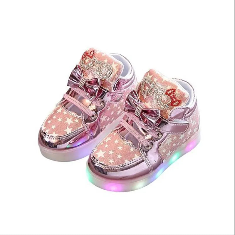 Girls stars printed LED light-up shoes with rhinestones on a white background, artificial leather upper, casual design