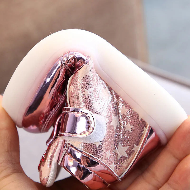 Girls stars printed LED light-up shoes with rhinestones on a white background, artificial leather upper, casual design