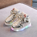 Girls stars printed LED light-up shoes with rhinestones on a white background, artificial leather upper, casual design