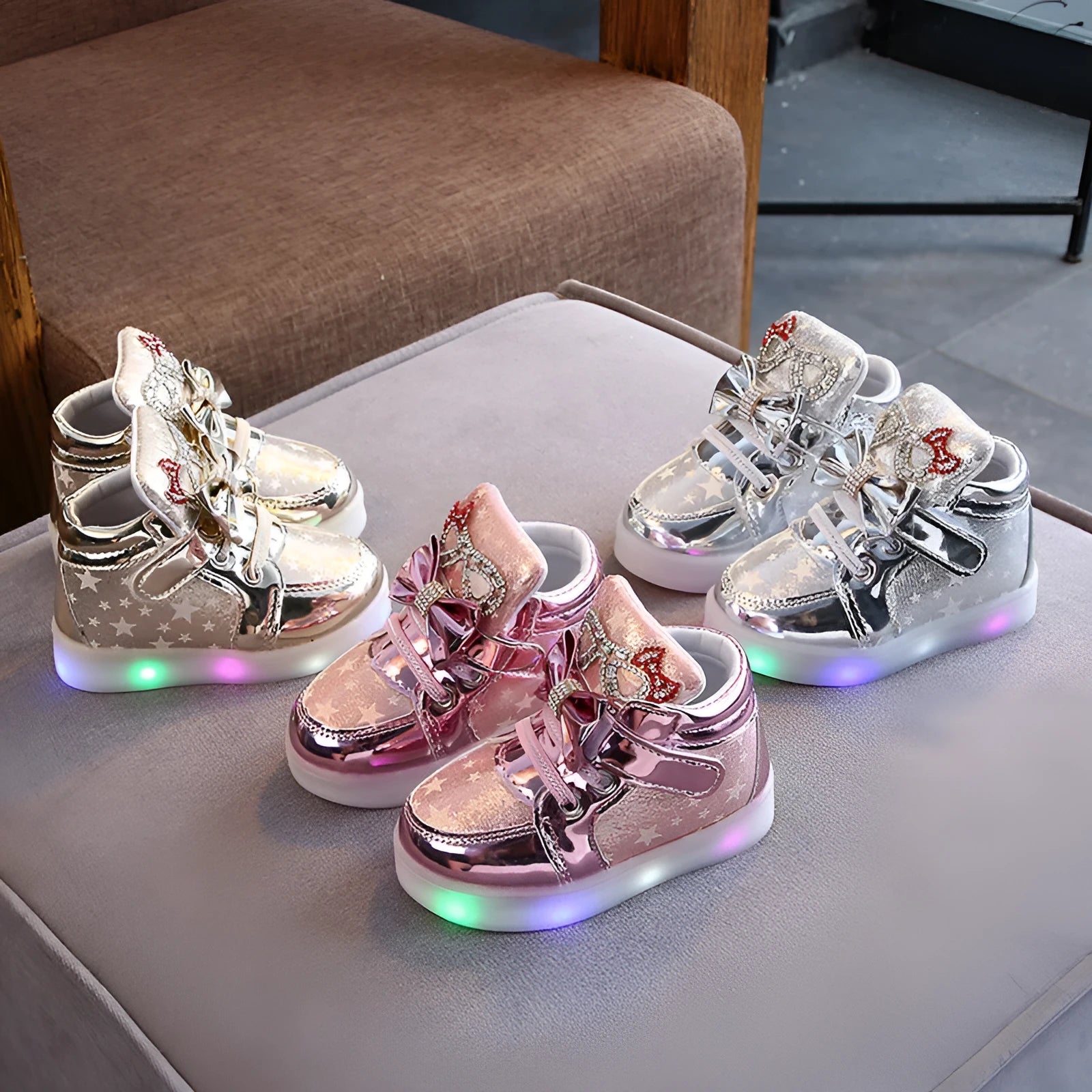 Girls stars printed LED light-up shoes with rhinestones on a white background, artificial leather upper, casual design
