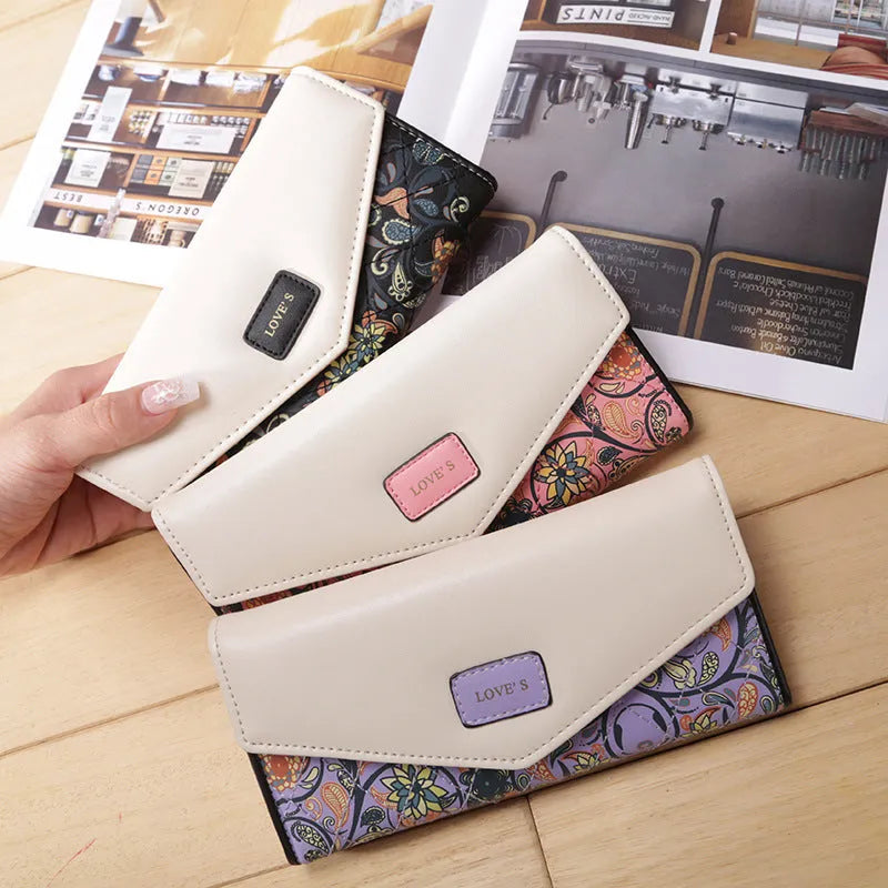 BIRDS women's PU leather wallet with embroidered flower pattern, zip-around closure, mid-length horizontal square shape