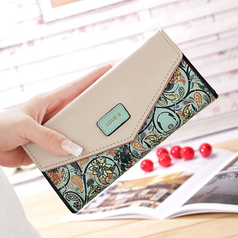 BIRDS women's PU leather wallet with embroidered flower pattern, zip-around closure, mid-length horizontal square shape