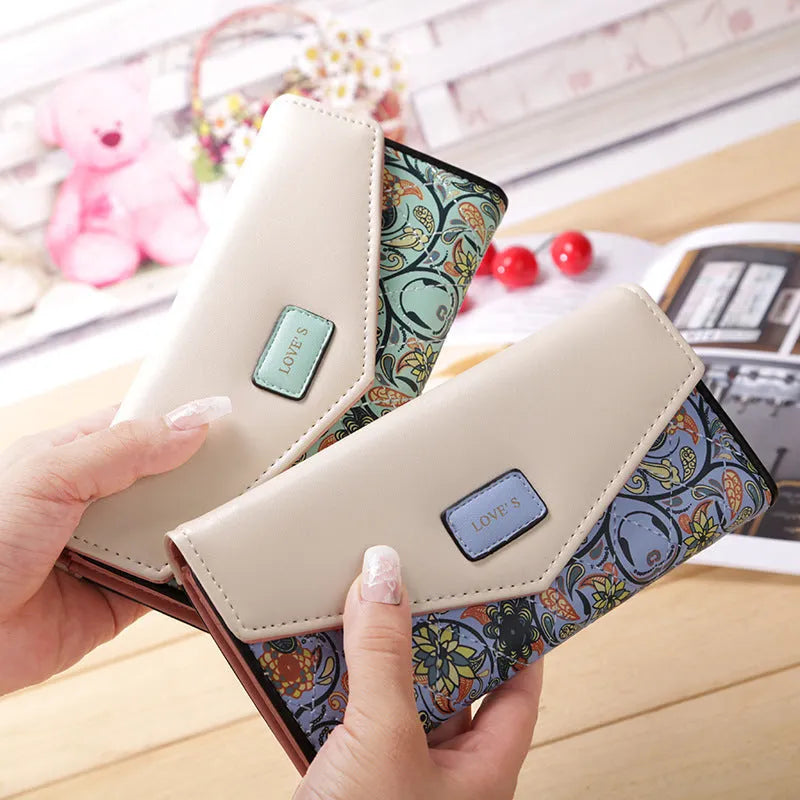 BIRDS women's PU leather wallet with embroidered flower pattern, zip-around closure, mid-length horizontal square shape