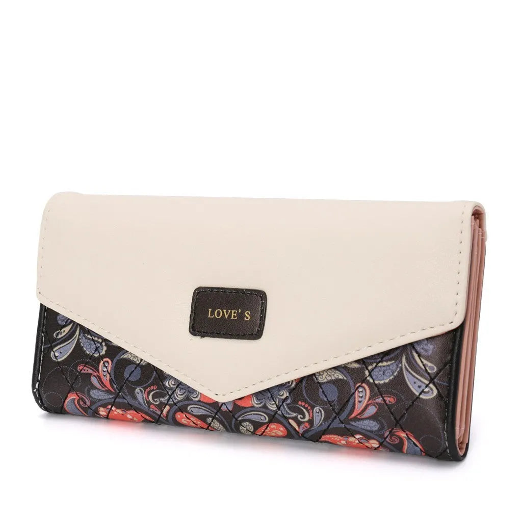 BIRDS women's PU leather wallet with embroidered flower pattern, zip-around closure, mid-length horizontal square shape