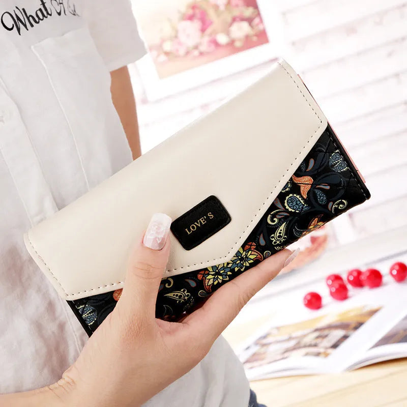 BIRDS women's PU leather wallet with embroidered flower pattern, zip-around closure, mid-length horizontal square shape