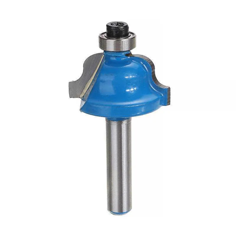 5-piece woodworking milling cutter set with red, yellow, blue and black handles for trimming machines