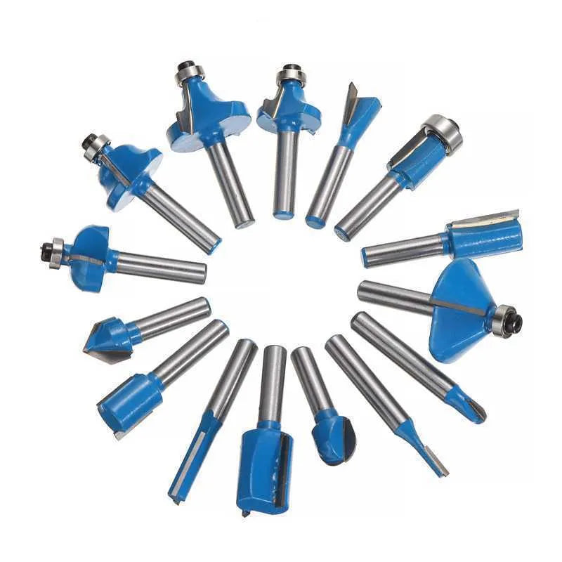 5-piece woodworking milling cutter set with red, yellow, blue and black handles for trimming machines