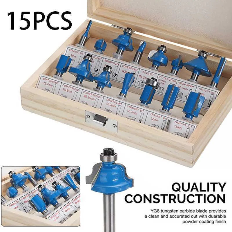 5-piece woodworking milling cutter set with red, yellow, blue and black handles for trimming machines