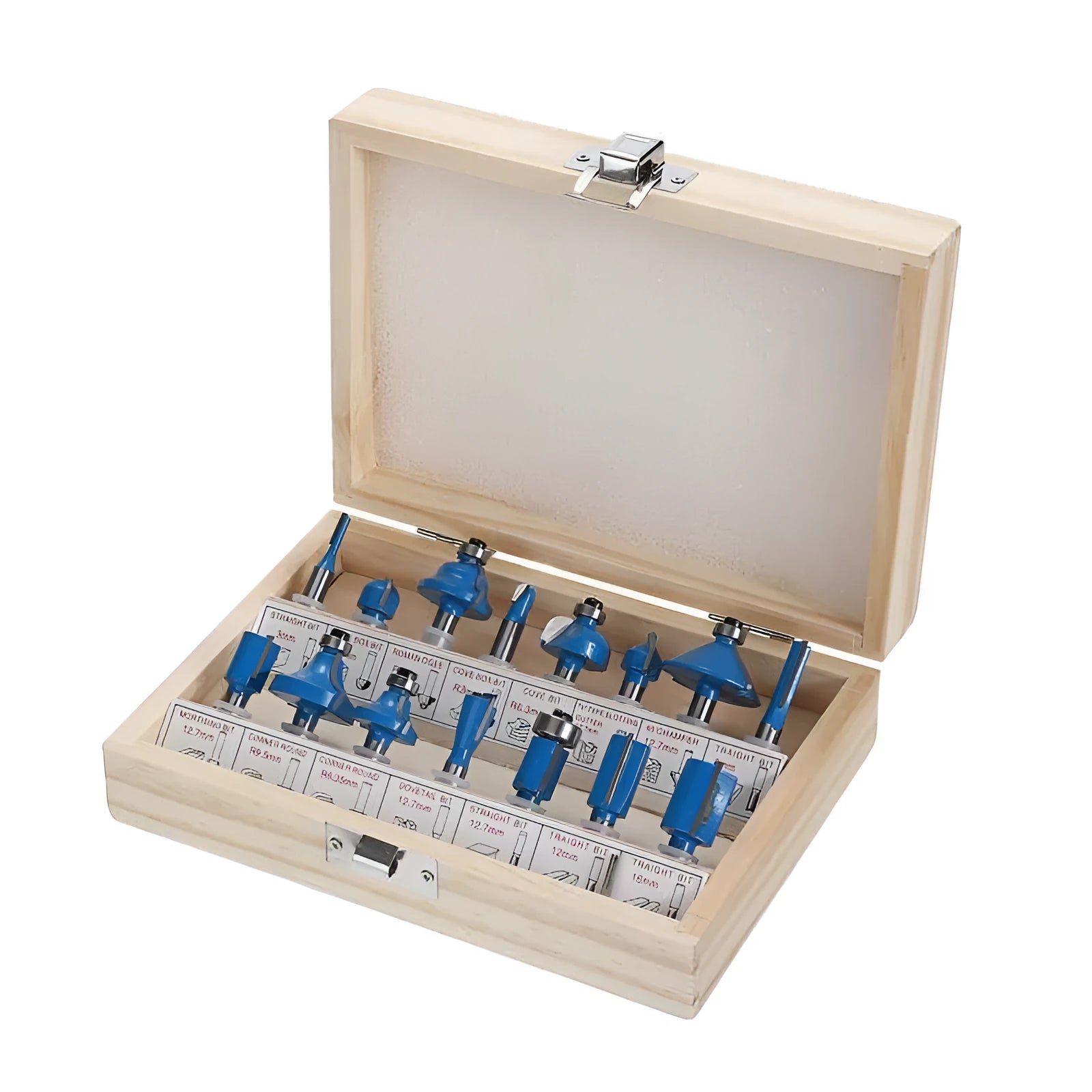 5-piece woodworking milling cutter set with red, yellow, blue and black handles for trimming machines