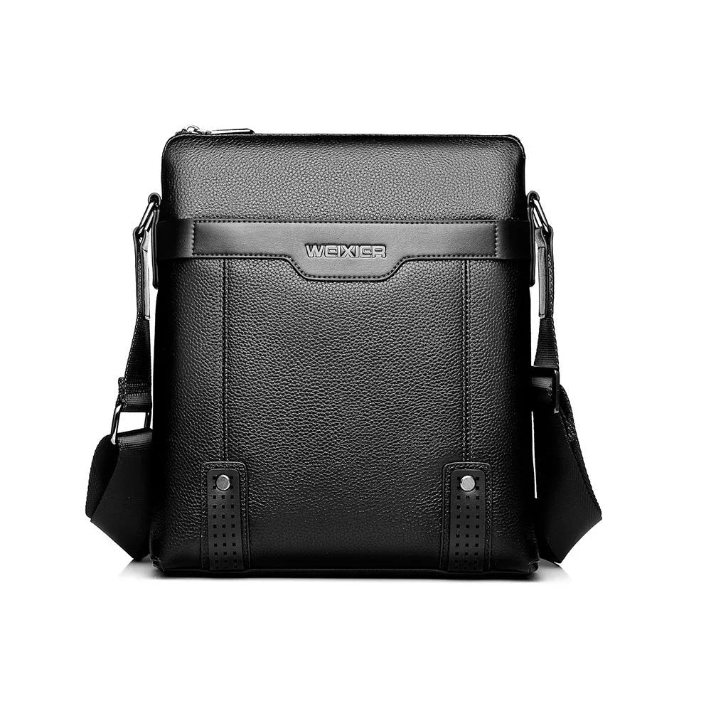 Black casual men's PU leather shoulder bag with zip top and single strap.