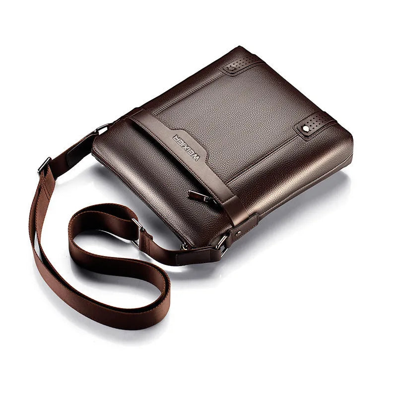 Black casual men's PU leather shoulder bag with zip top and single strap.