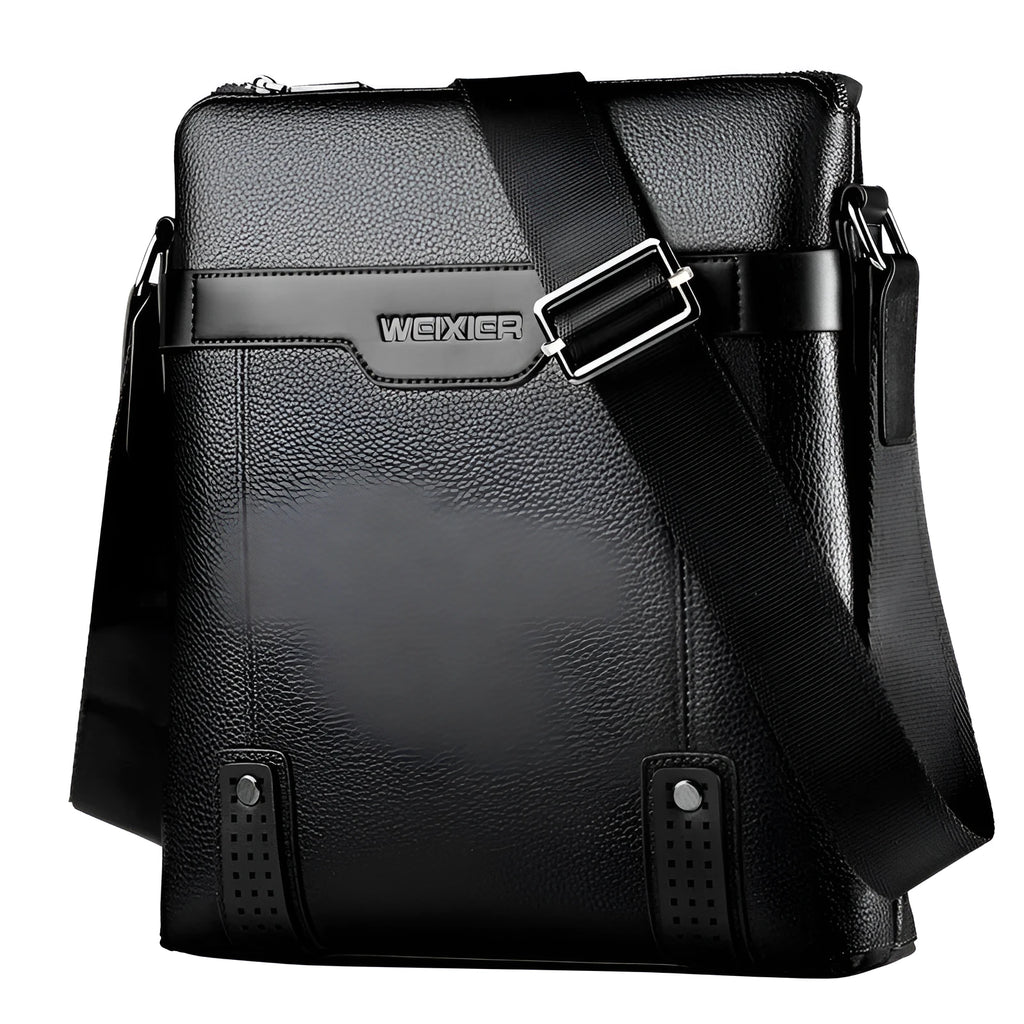 Black casual men's PU leather shoulder bag with zip top and single strap.