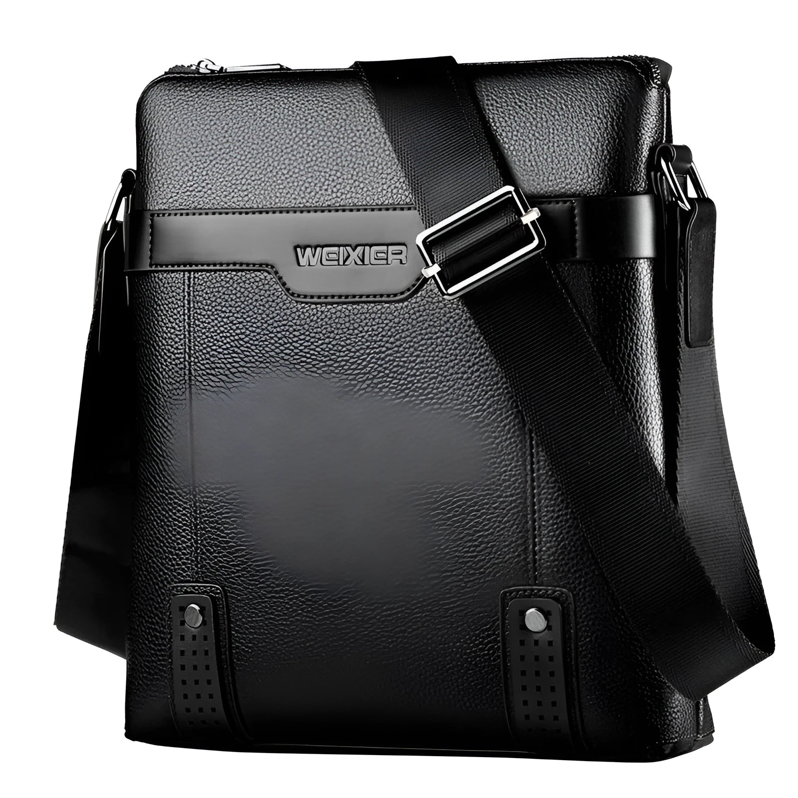 Black casual men's PU leather shoulder bag with zip top and single strap.