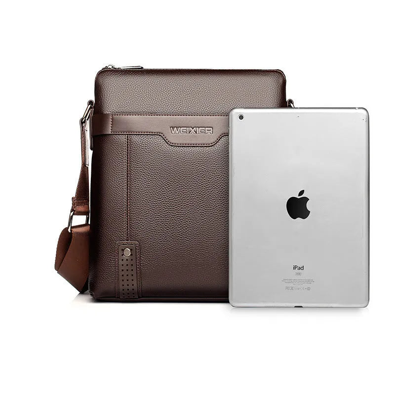 Black casual men's PU leather shoulder bag with zip top and single strap.
