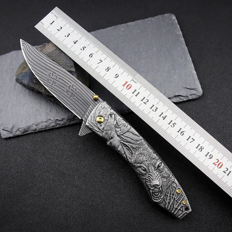 High hardness 7cr17Mov folding survival knife with stone wash blade and stainless steel handle