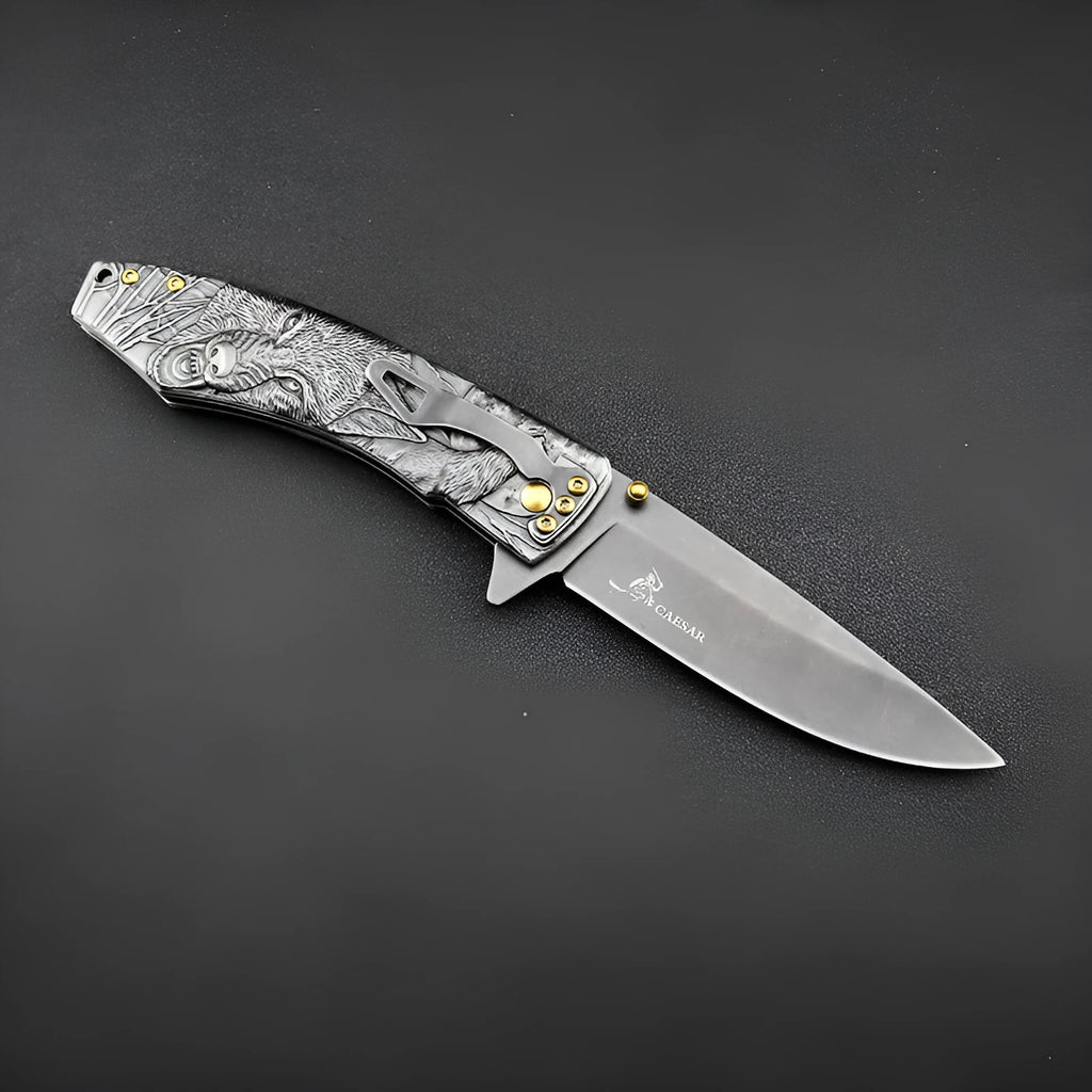 High hardness 7cr17Mov folding survival knife with stone wash blade and stainless steel handle