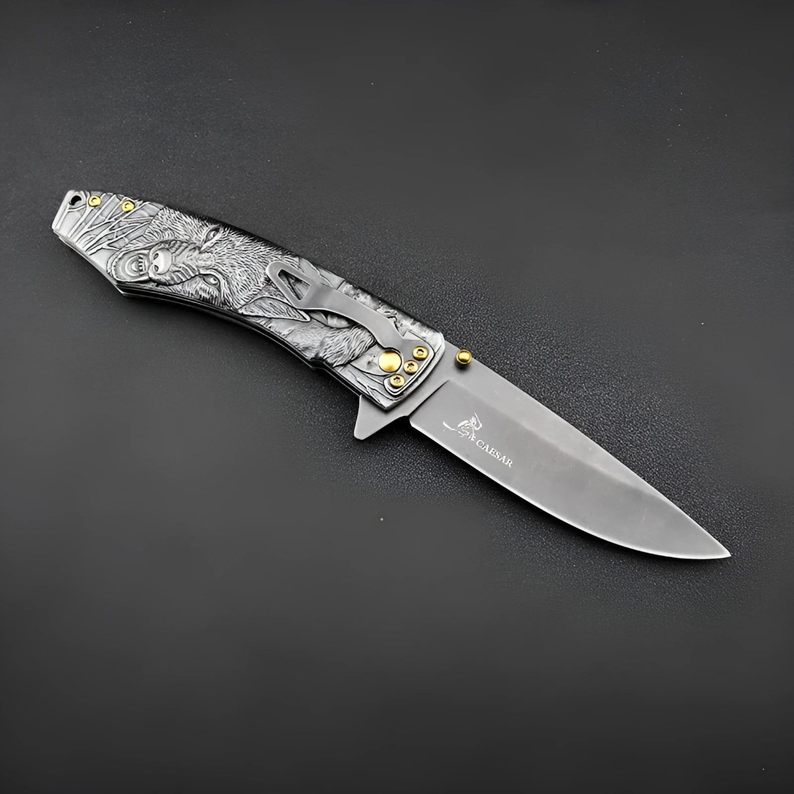 High hardness 7cr17Mov folding survival knife with stone wash blade and stainless steel handle