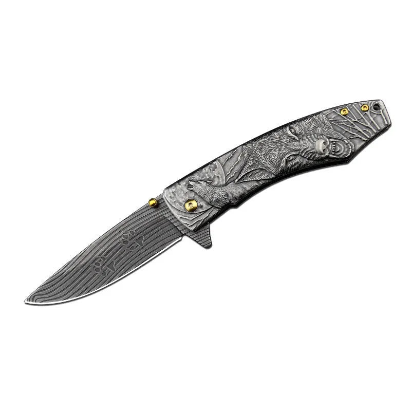 High hardness 7cr17Mov folding survival knife with stone wash blade and stainless steel handle