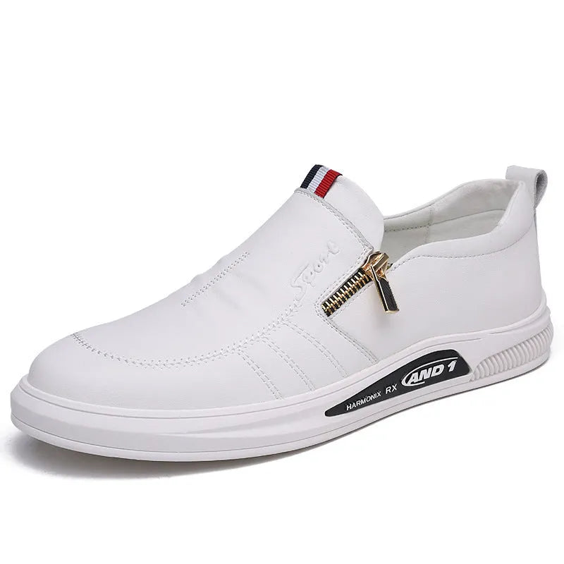 Simple white casual sneakers with breathable inside and flat heel on a plain background