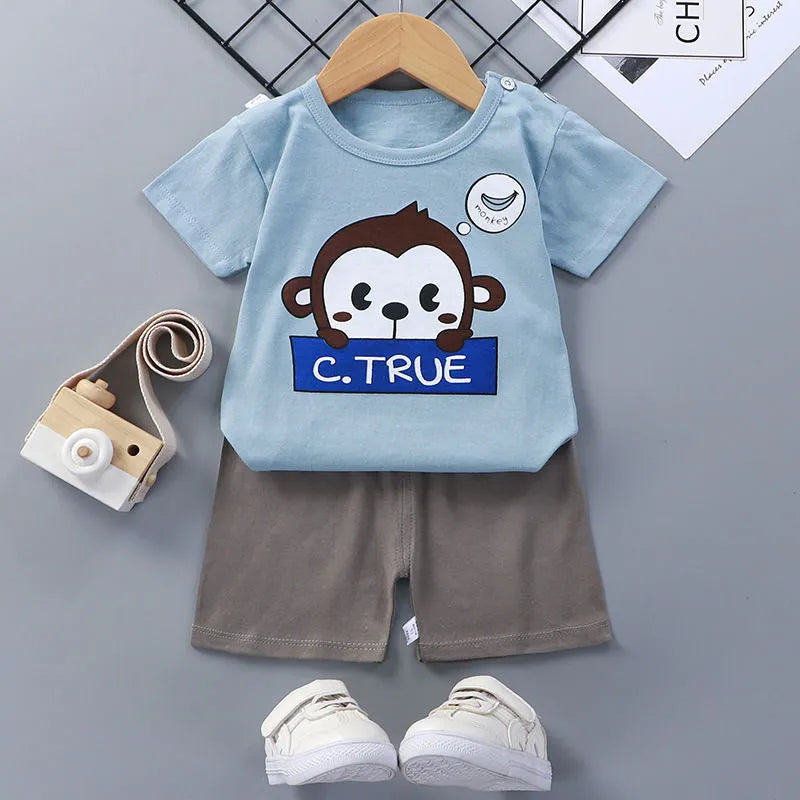 Children's short-sleeved cotton suit with enzyme wash, plain pattern, available in sizes 73-130CM