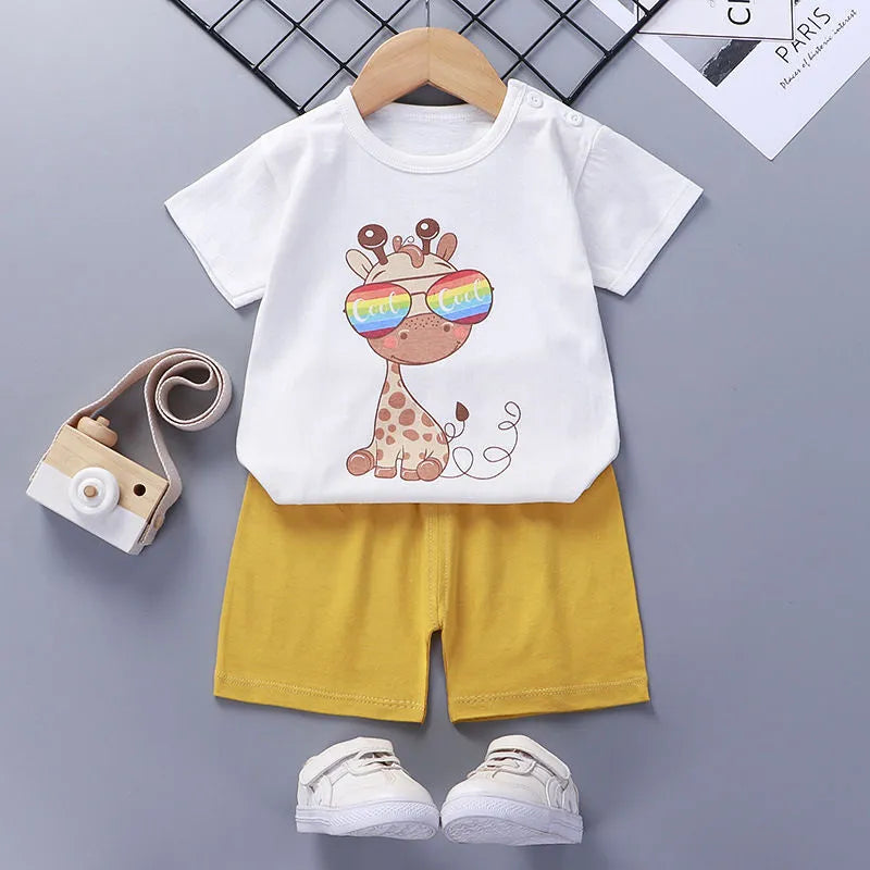 Children's short-sleeved cotton suit with enzyme wash, plain pattern, available in sizes 73-130CM