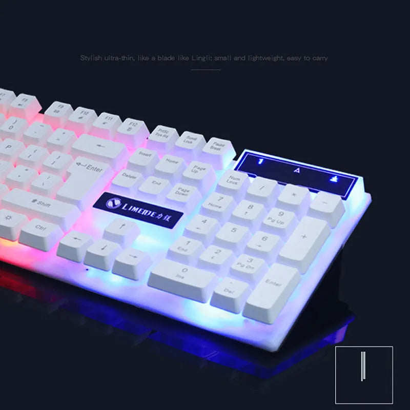 GTX300 black gaming keyboard and mouse set with glowing backlit keys and USB cables