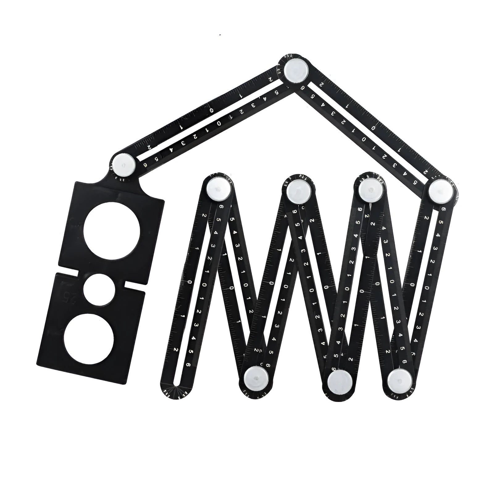 Six fold aluminium alloy plastic folding ruler with perforated design shown extended and folded
