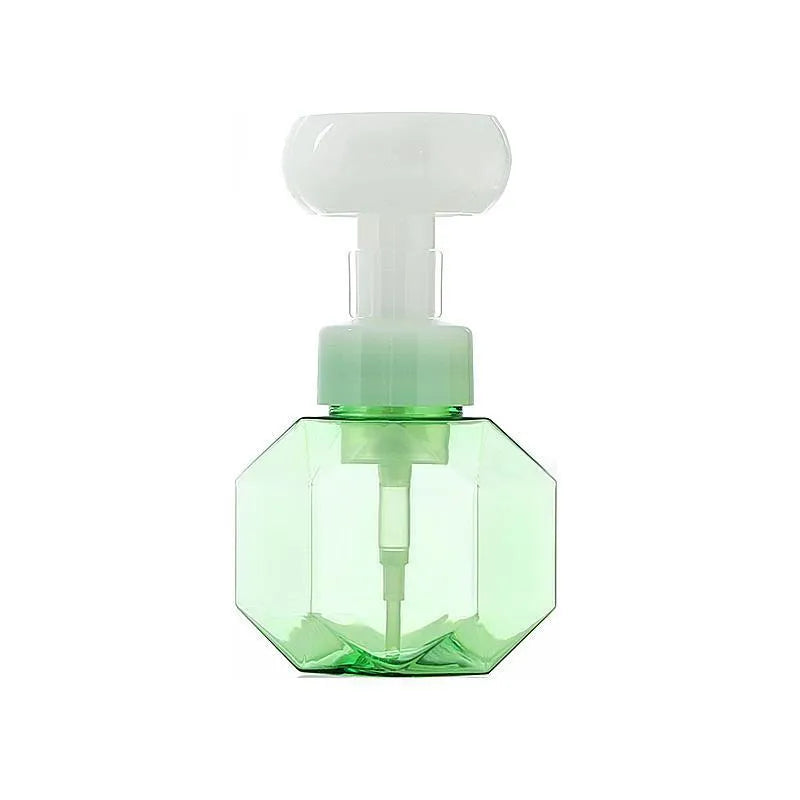 Refillable flower foam bottle for liquid soap in pink, green, blue, and yellow colour options.