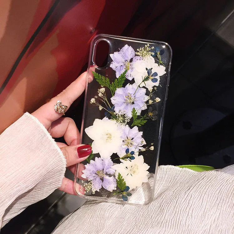 Blue and purple dried flowers design on a soft TPU case for iPhone