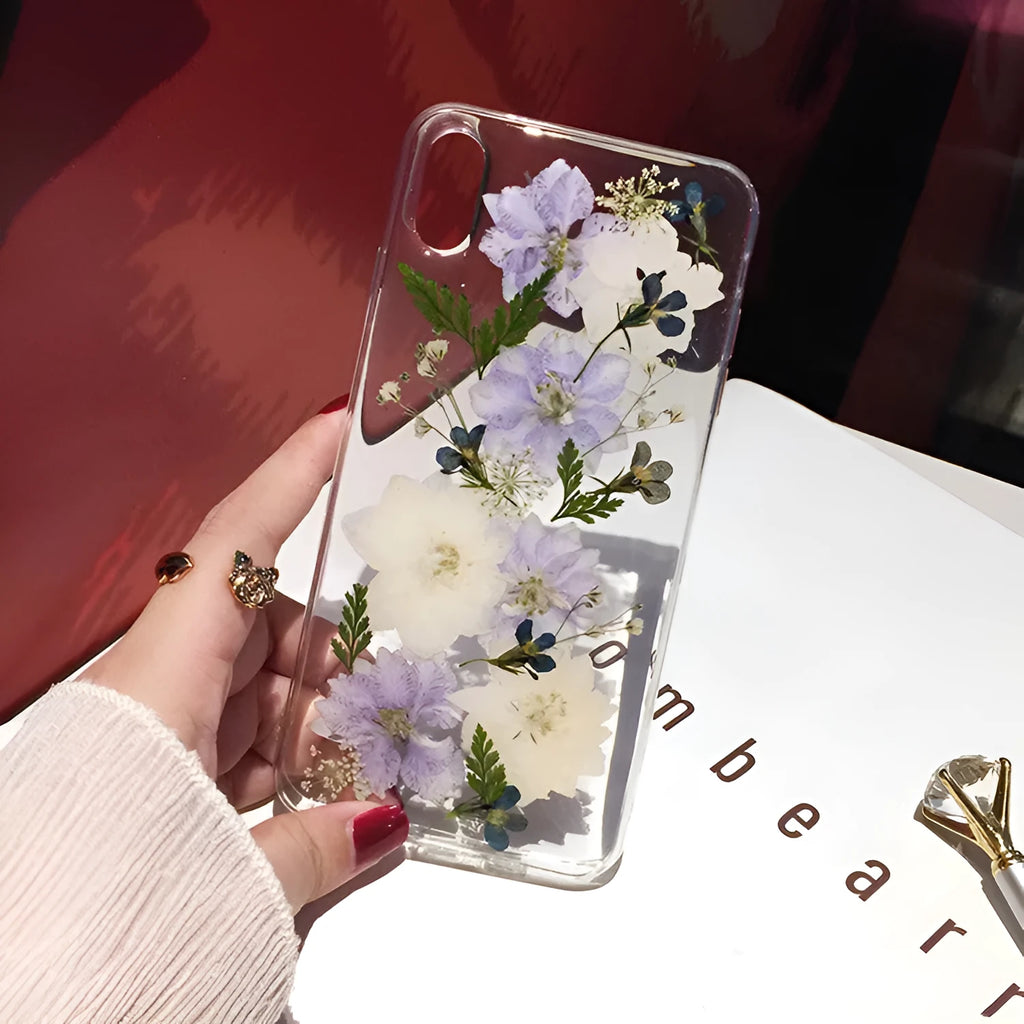 Blue and purple dried flowers design on a soft TPU case for iPhone