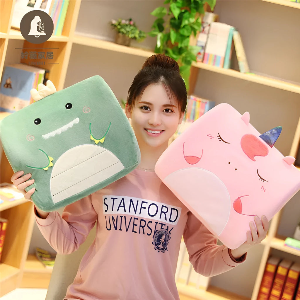 Cartoon memory foam lumbar support cushion with removable core, shown in Pink Unicorn design with embroidery detail.