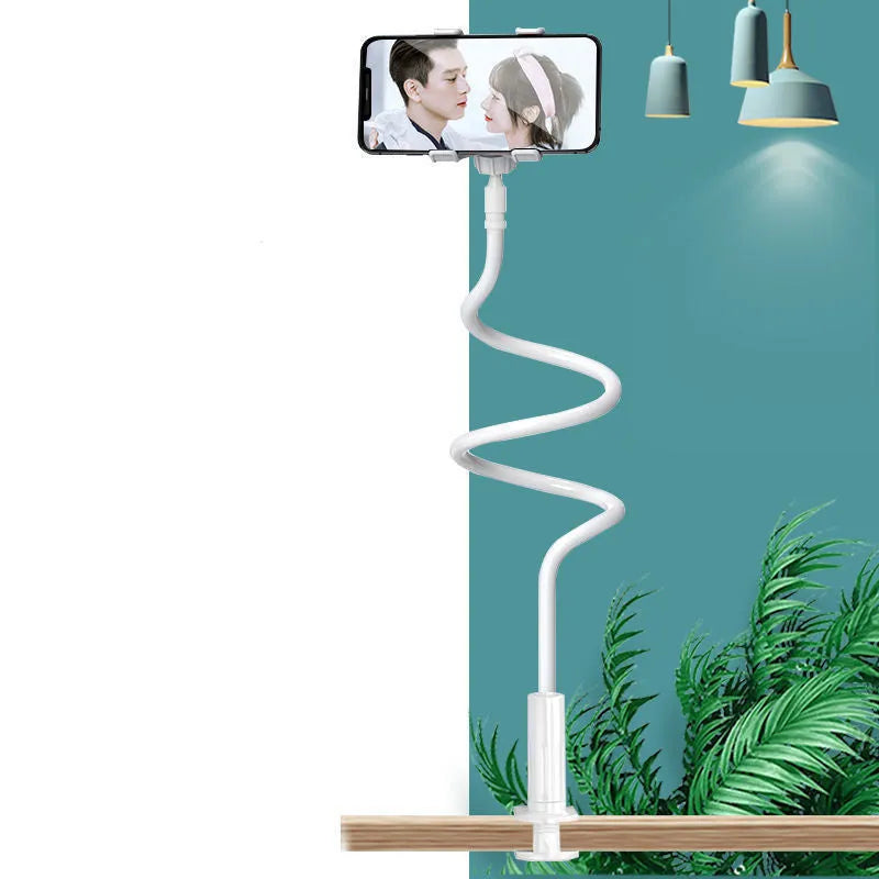 Blue mobile phone holder with flexible memory alloy hose positioned beside a bed holding a smartphone