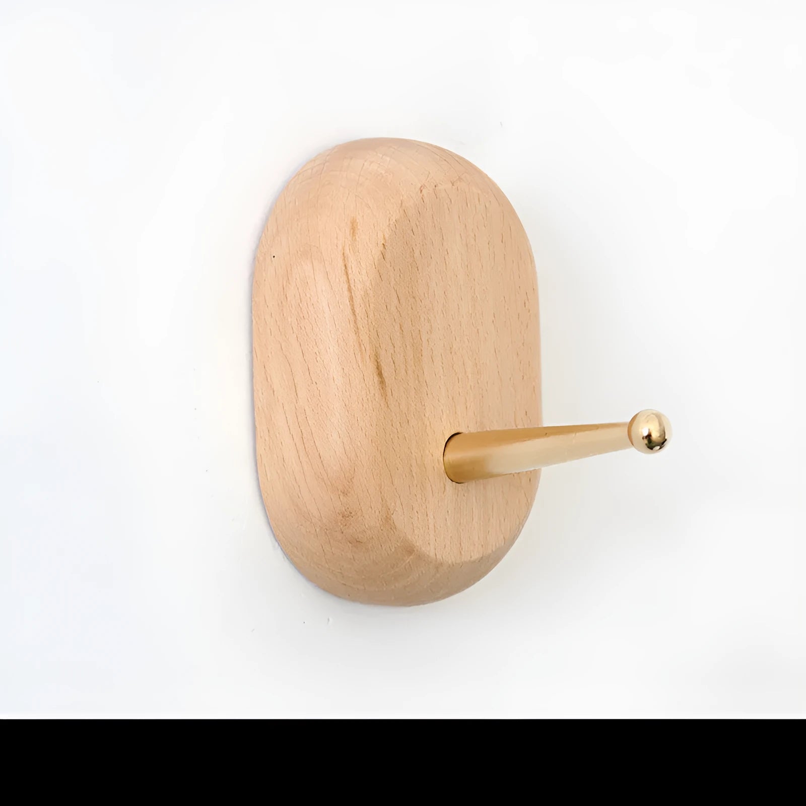 Beech wood adhesive wall hook with brass hook, shown in round, capsule, oval, diamond, and square colour options.