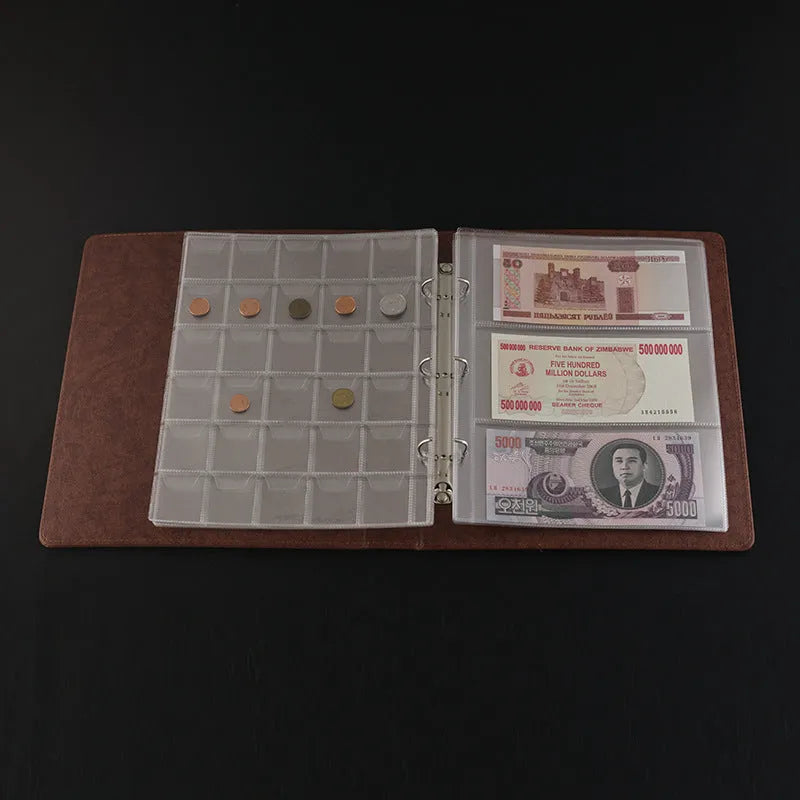 Transparent PVC loose leaf coin and stamp collection album with 252x200mm pages and storage bag