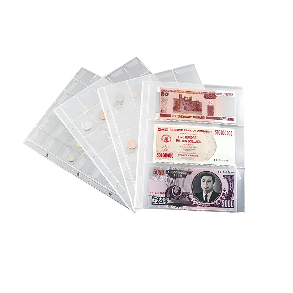 Transparent PVC loose leaf coin and stamp collection album with 252x200mm pages and storage bag
